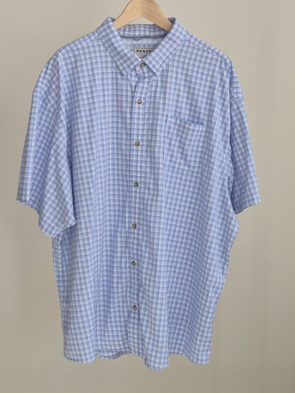 Poncho Men’s 3XL Performance Fishing Shirt Short Sleeve Blue Gingham Stretch